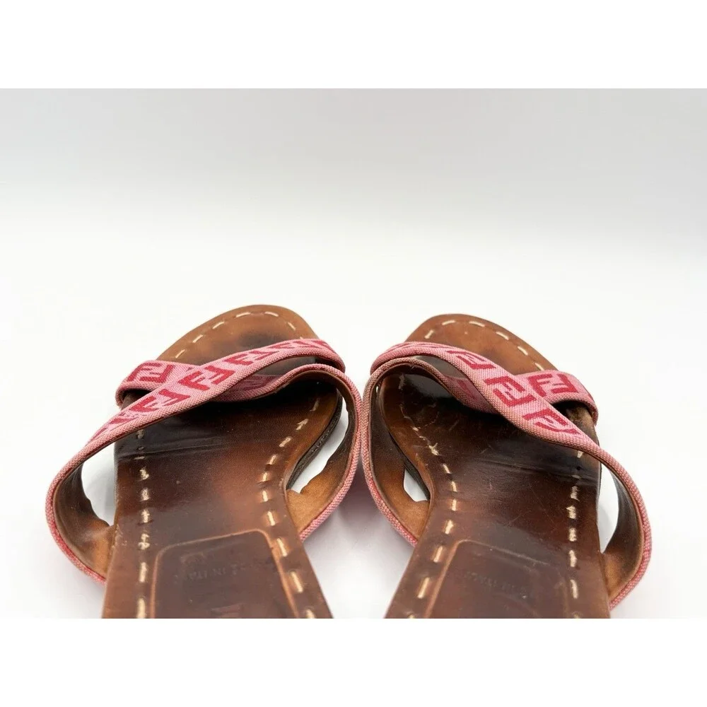 Fendi Brown Leather Sandals w/ Pink FF Logo Zucca Print Strap Vintage Size EU 37